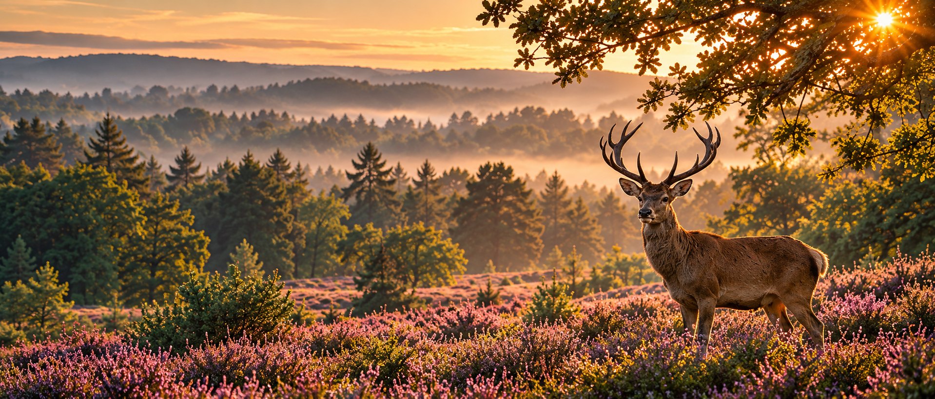 Edelhert tussen de bloeiende heide bij zonsopkomst, met mist boven de bossen van de Veluwe