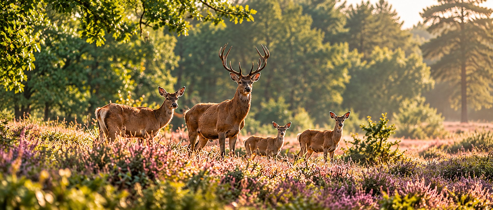 Een familie edelherten in de bloeiende heide aan de bosrand