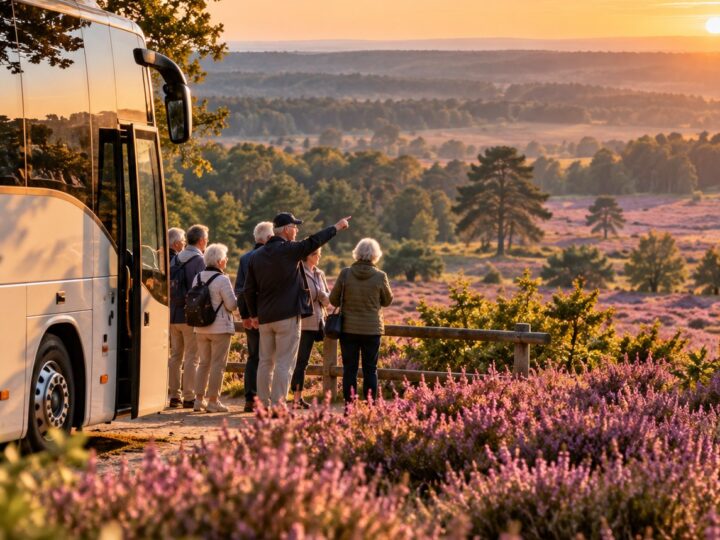 Een groep bij de touringcar op de Veluwe; de gids wijst naar het uitzicht over de bloeiende heide bij zonsondergang